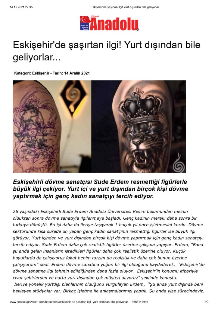 anadolu gazatesi haberleri eskişehir gazate haberleri sude erdem ink kadın dövme sanatçısı eskisehir son dakika