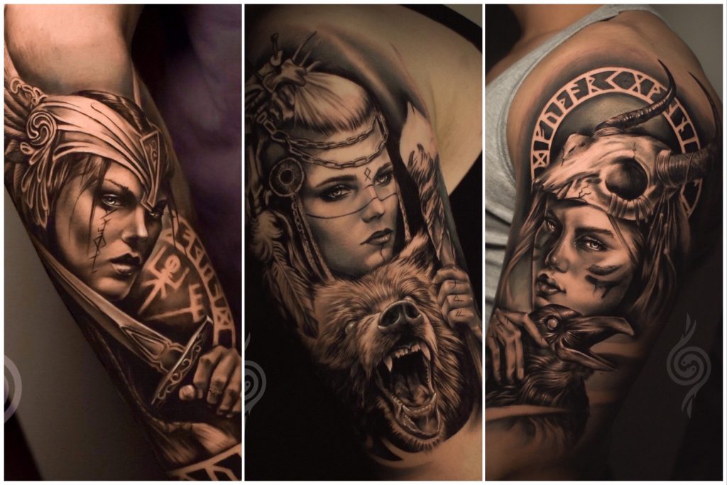 sude erdem ink eskisehir tattoo & design dövme modelleri portrait, bear ayı, sword, shaman (şaman)  kuzgun tasarımı, viking kadın savaşçı modeli