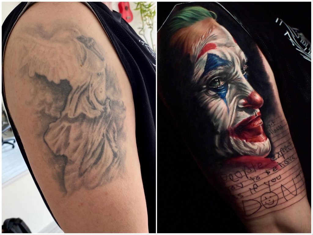 Sude Erdem İnk Tattoo & Design Eskişehir.  Coverup (Kapatma)  Color x Joker Portrait (renkli x joker portre tasarımı) dövmesi. Aklınızdaki dövme tasarımları ve modellerinin fiyat bilgisi için bizimle iletişime geçiniz.